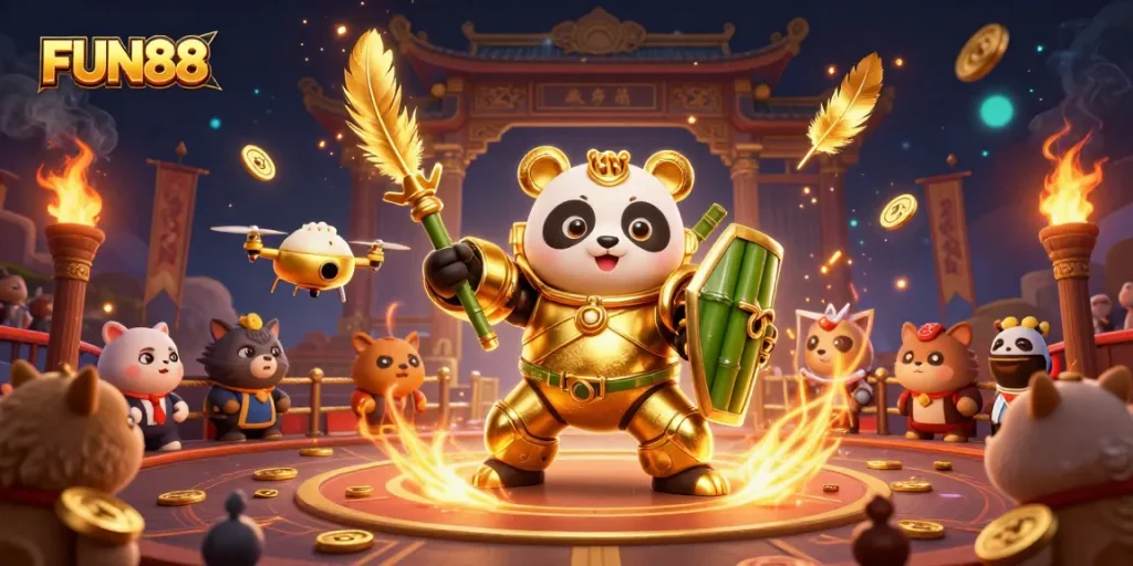 Experience the thrill of FUN88 in this vibrant 3D illustration showcasing dynamic gambling elements and characters.