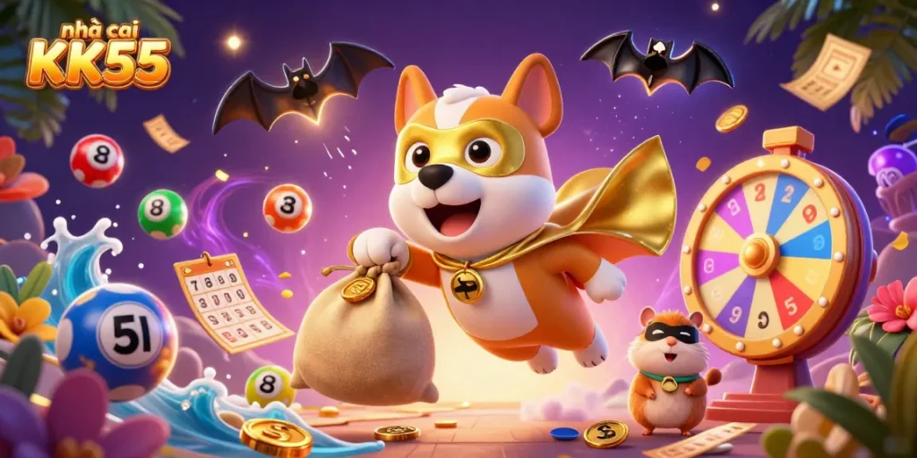 Join the thrill with nhà cái KK55 as colorful lottery balls and vibrant prizes soar around animated characters.