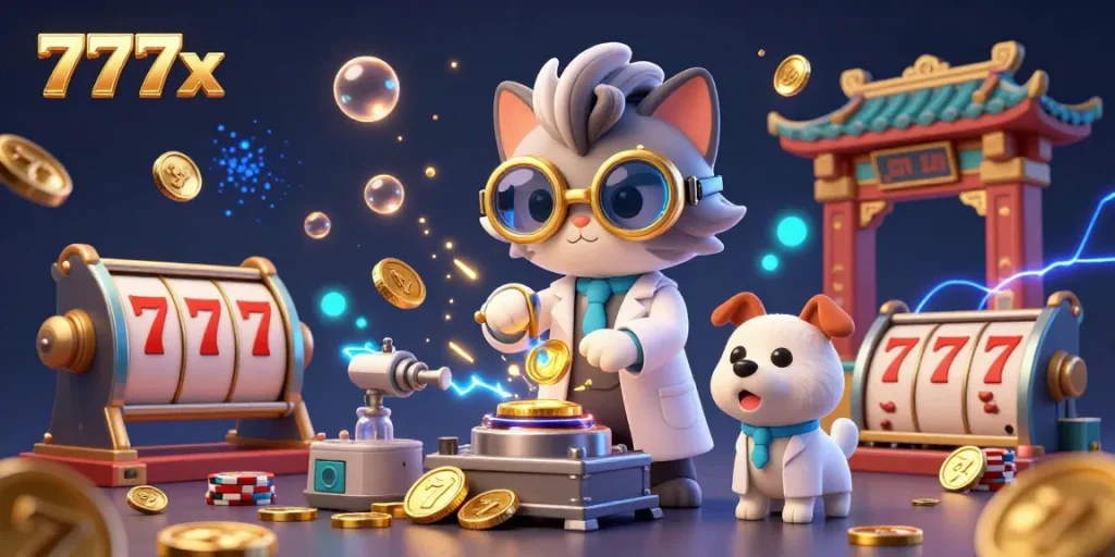 Experience the excitement at 777x with a vibrant scene featuring a mad scientist cat and assistant dog in a dynamic casino lab setting.