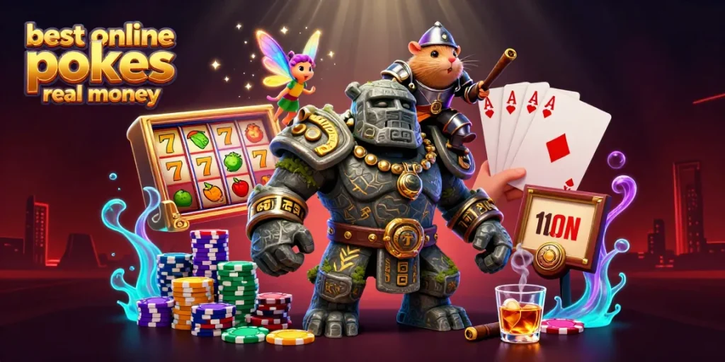 Spin the best online pokies real money with exciting characters in a vibrant casino scene.