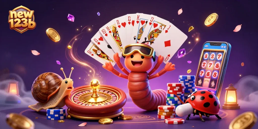 Win exciting prizes at new123b with a vibrant casino scene featuring dynamic characters.