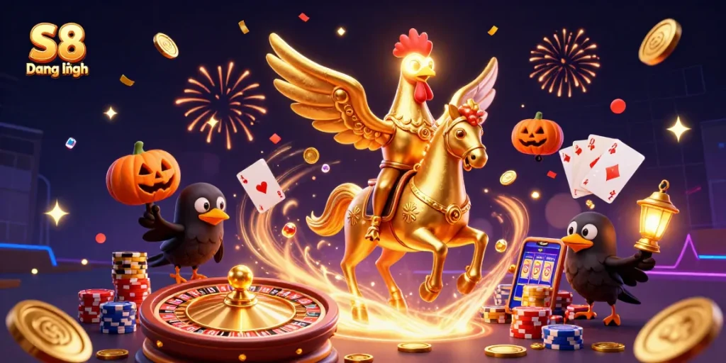 S8 Đăng nhập scene with golden rooster and spectral horse surrounded by casino elements and festive decorations