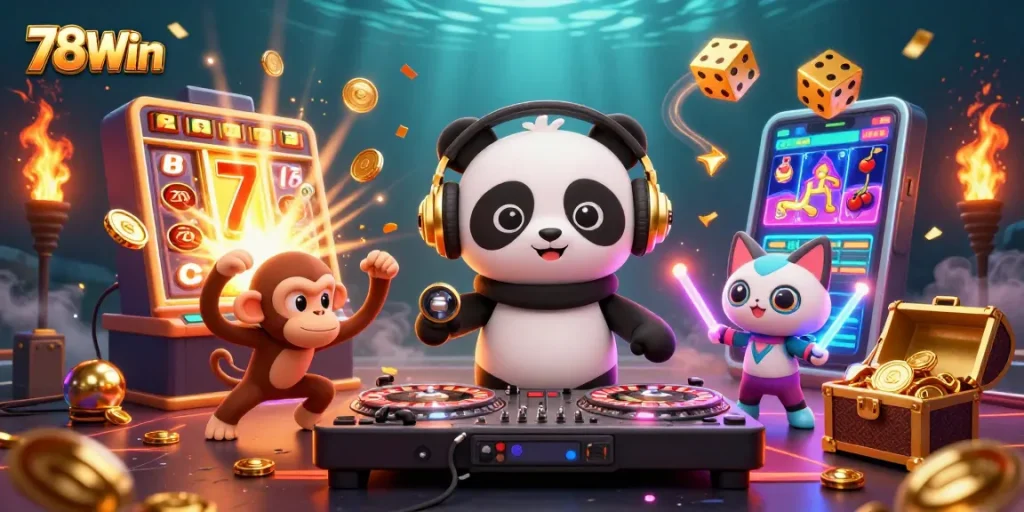 Engage with 78Win's dynamic 3D carnival scene featuring a DJ panda and vibrant casino elements.