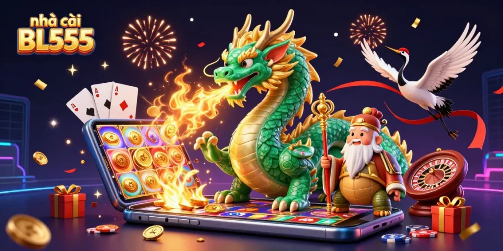 Spin the reels at nhà cái BL555 with a vibrant casino scene featuring a jade dragon and golden coins.